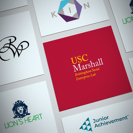 Multiple cards with Nonprofit Affiliations from Kellogg Innovation Network, Brittingham Social Enterprise Lab at the USC Marshall School of Business, Lion's Heart, Junior Achievement and Renaissance Weekend.
